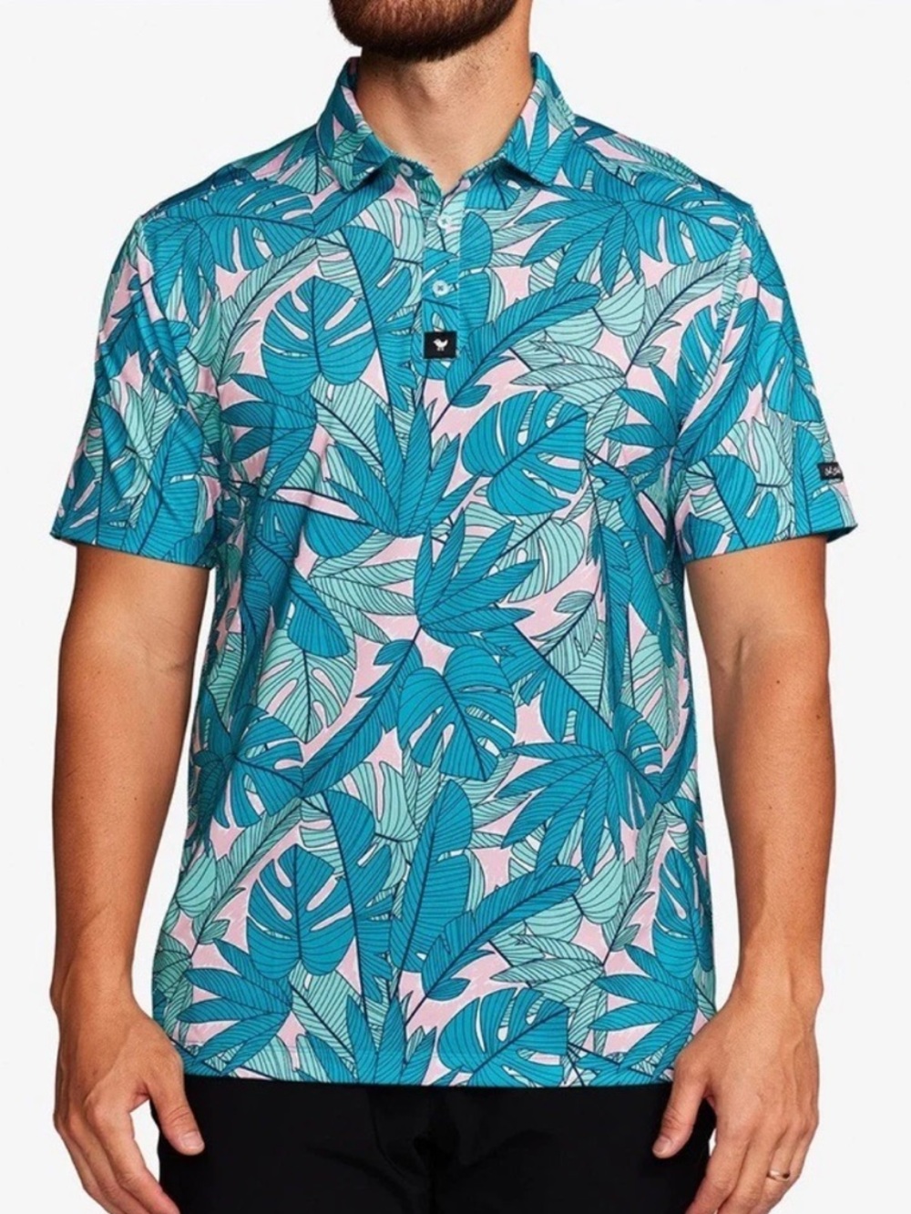 Bad Birdie Palmnado Pink & Green Leaf Print Short Sleeve Golf Polo Size XL‎